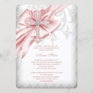 Invitation Première communion croix damassée rose