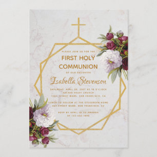Invitation Première communion Croix d'or Burgundy Peonies Mar