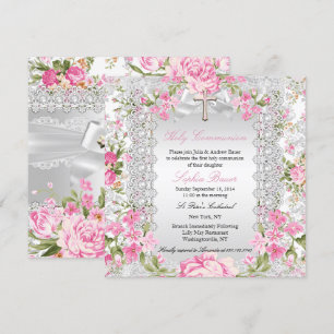 Invitation Première communion croix florale vintage rose 4