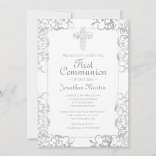 Invitation Première communion Croix gris Damask Christian Boy
