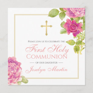 Invitation Première communion Croix or rose Roses Floral