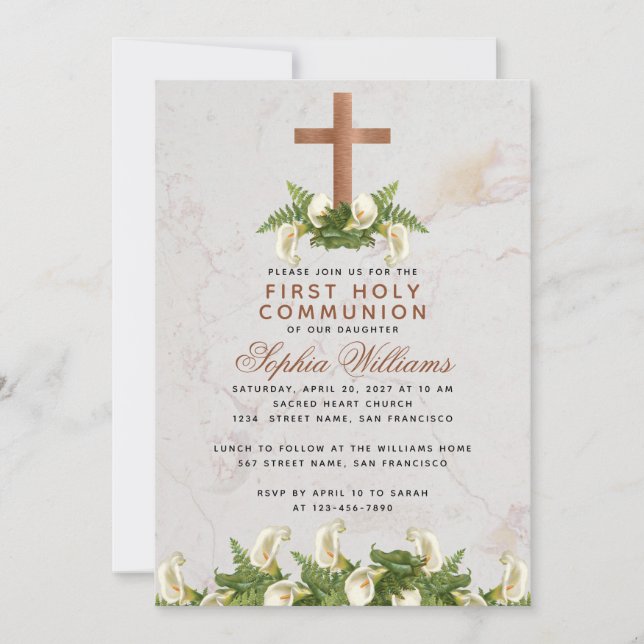 Invitation Première communion Cuivre Croix Calla Lilies Marbr (Devant)