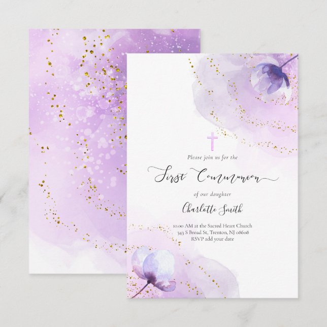 Invitation première communion d'aquarelle violette (Devant / Derrière)