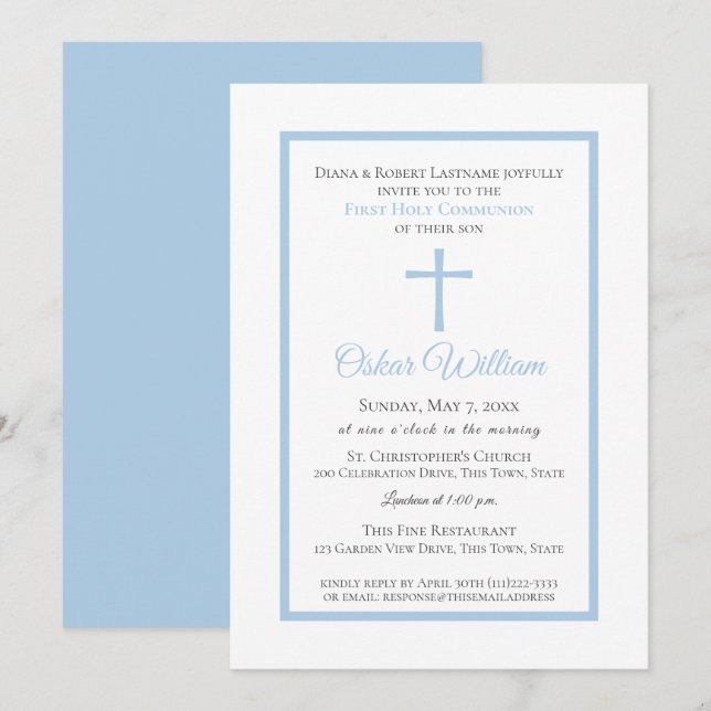 Invitation Première communion de cadre bleu doux (Devant / Derrière)