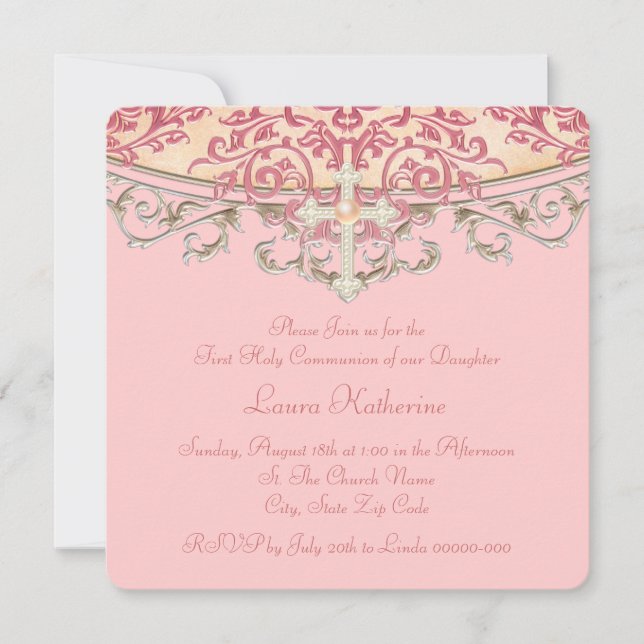 Invitation Première communion de corail élégant de pêche (Devant)