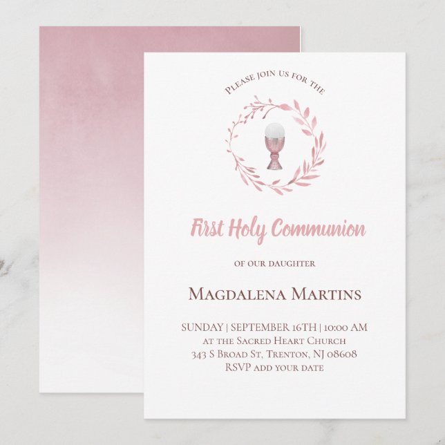 Invitation première communion de couronne d'aquarelle rose po (Devant / Derrière)