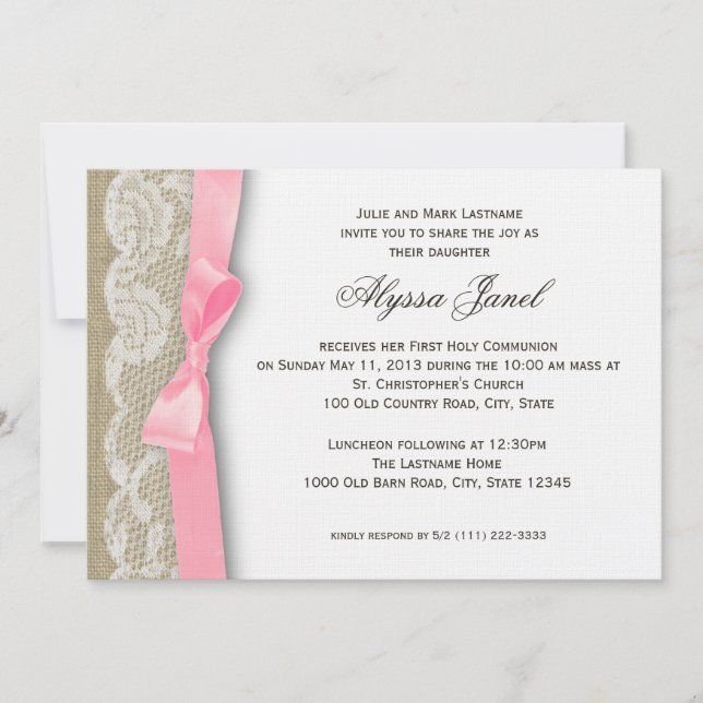 Invitation Première communion de dentelle blanche et de burla (Devant)