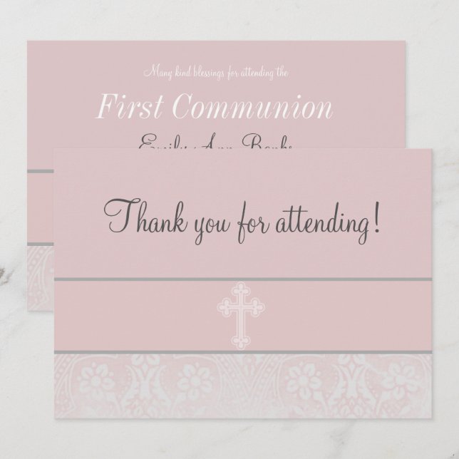 Invitation Première communion de dentelle rose (Devant / Derrière)