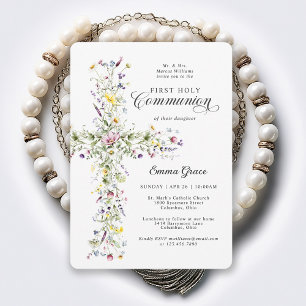 Invitation Première communion de fille Croix florale de fleur