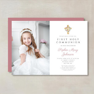Invitation Première communion de fille de la couronne rose fl