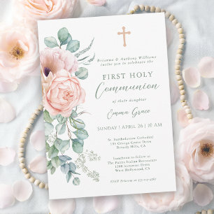 Invitation Première communion de fille rose et vert sauge flo