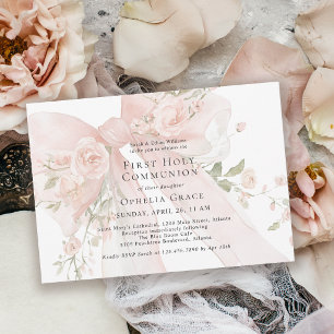 Invitation Première communion de fille rose floral bow