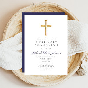 Invitation Première communion de garçon bleu de la marine rel