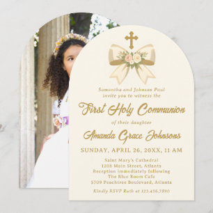 Invitation Première communion de jeune fille noeud floral ivo