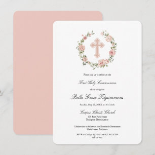 Invitation Première communion de la couronne de fleurs rose p