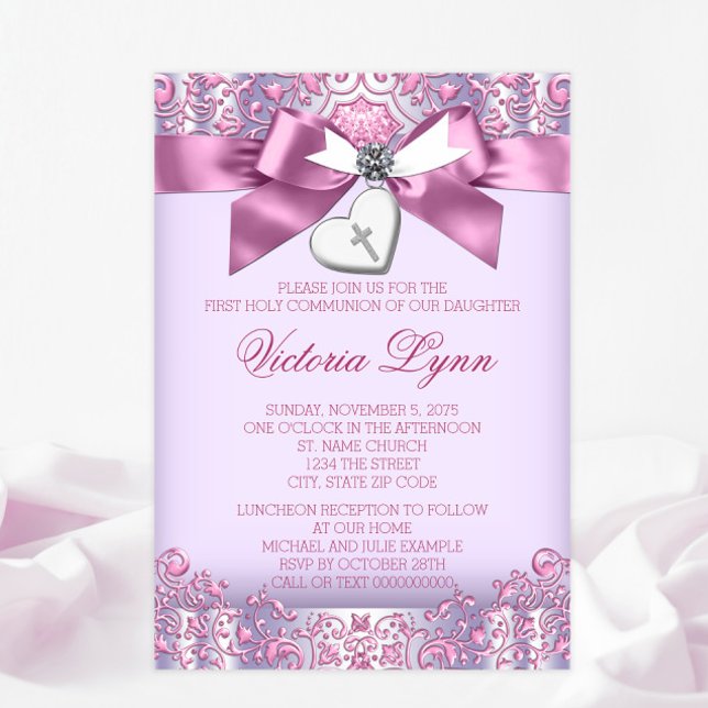 Invitation Première communion de la Croix rose et violette (You can change all of the text, font styles, font colors as needed for your event.)