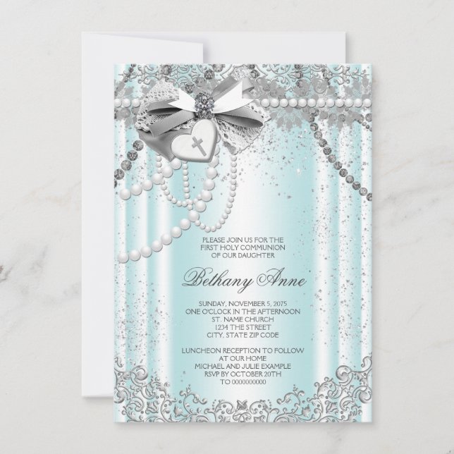 Invitation Première communion de la Croix turquoise de Pearl (Devant)