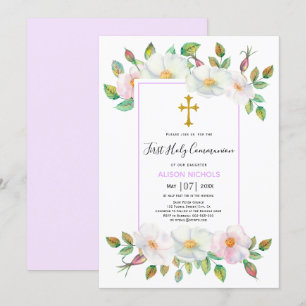 Invitation Première communion de lavande rose sauvage blanche
