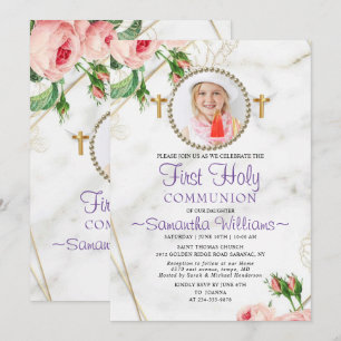Invitation Première communion de marbre blanc rose élégant