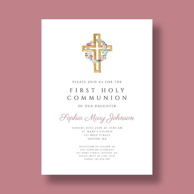 Invitation Première communion d'Élégante couronne de fleurs r (Elegant Pink Floral Wreath Cross First Communion Invitation)