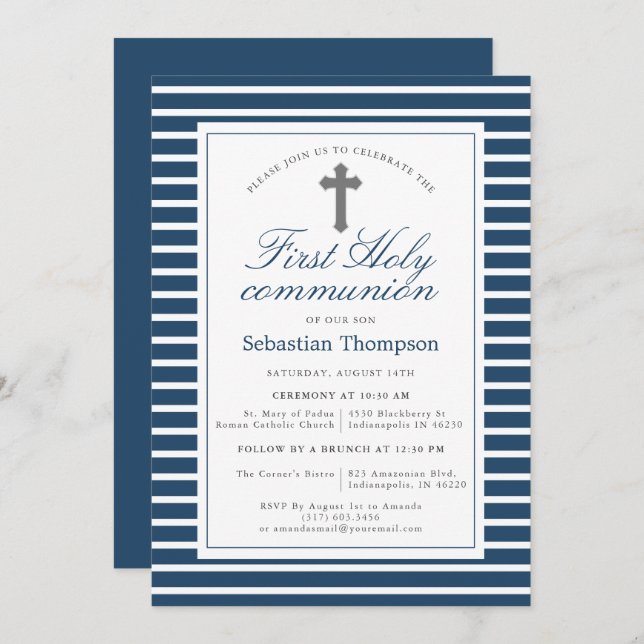 Invitation Première communion d'élégante marine et rayures bl (Devant / Derrière)
