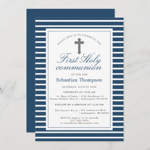 Invitation Première communion d'élégante marine et rayures bl
