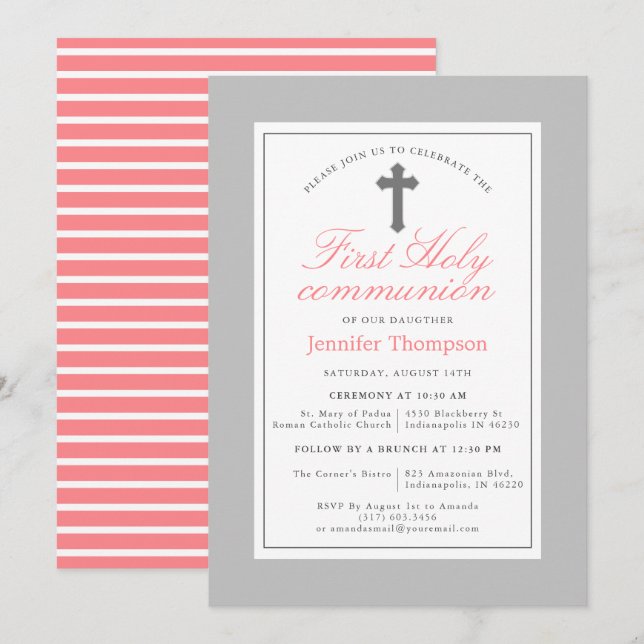 Invitation Première communion d'élégante rayures rose et gris (Devant / Derrière)
