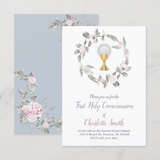 Invitation première communion délicate aquarelle florale