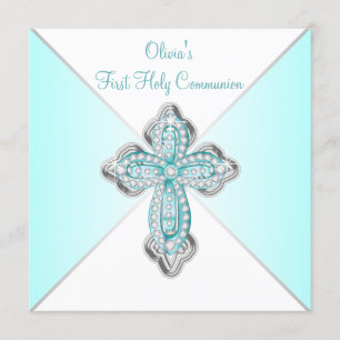 Invitation Première communion des filles bleu sarcelle