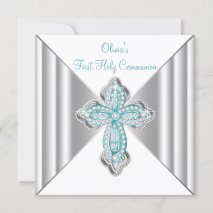 Invitation Première communion des filles bleu sarcelle