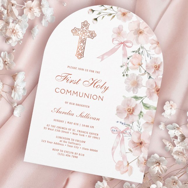 Invitation Première communion des Fleurs sauvages roses et de (Créateur téléchargé)