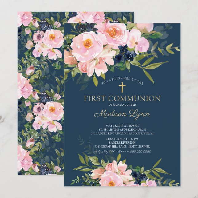 Invitation Première communion des Roses et des pivoines (Devant / Derrière)