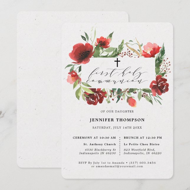 Invitation Première communion d'Eucalyptus de Bourgogne rouge (Devant / Derrière)