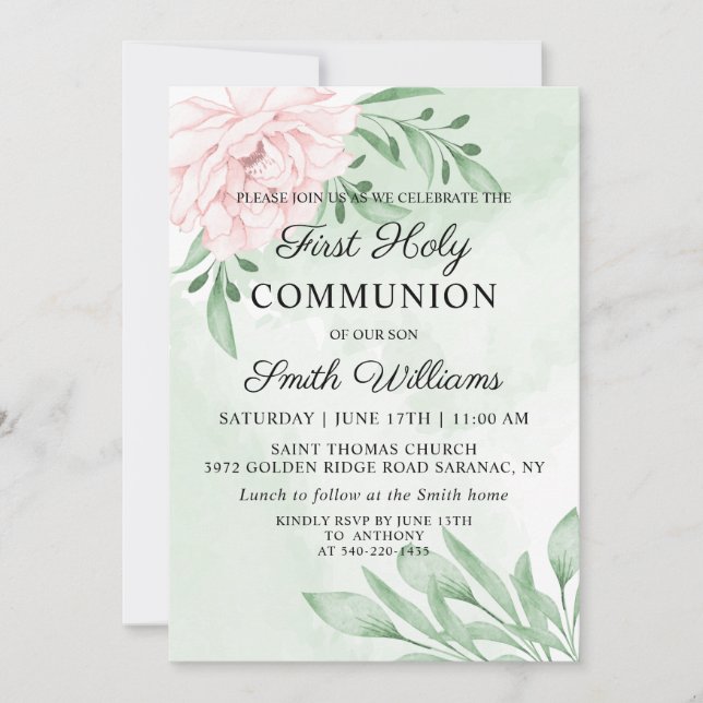 Invitation Première communion d'Eucalyptus Rose Foliage (Devant)