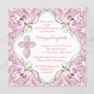 Invitation Première communion élégante croix rose et or