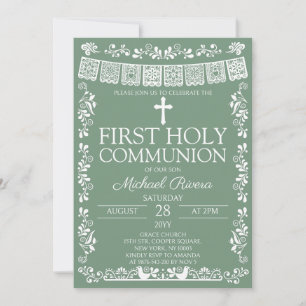 Invitation Première communion en papier découpé vert sauge