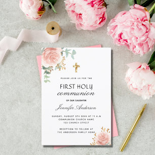 Invitation Première communion eucalyptus blush floral