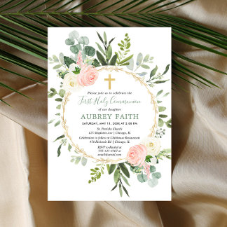 Invitation Première Communion eucalyptus vert or rose