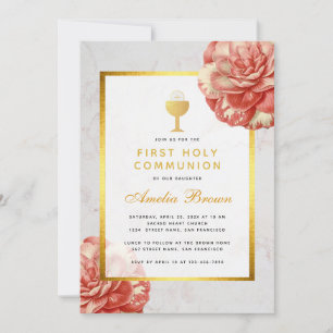 Invitation Première Communion Faux Or Floral Camélia Rose