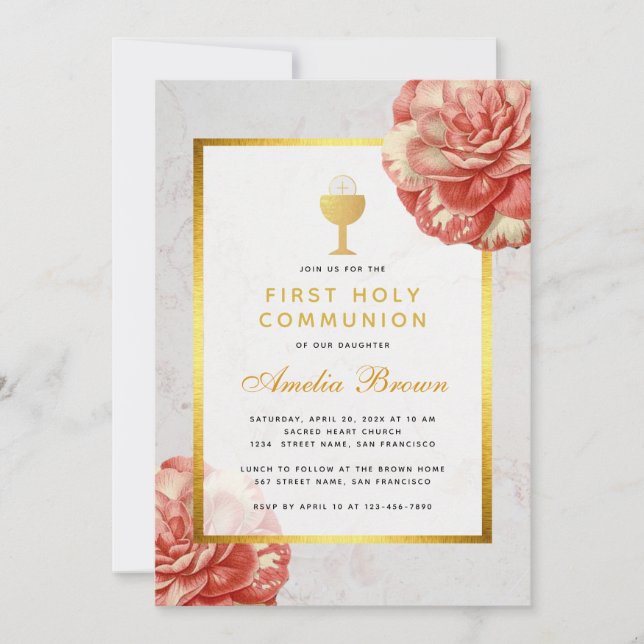 Invitation Première communion Faux or Floral Camellia rose (Devant)