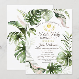 Invitation Première communion feuilles tropicales 