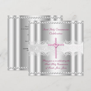 Invitation Première communion fille argent dentelle perle ros