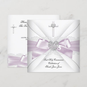 Invitation Première communion fille cœur en argent rose lilas