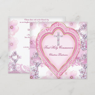 Invitation Première communion fille Cœur rose
