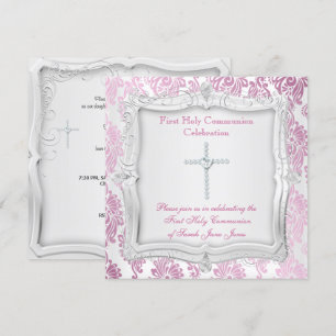 Invitation Première communion fille croix argent rose