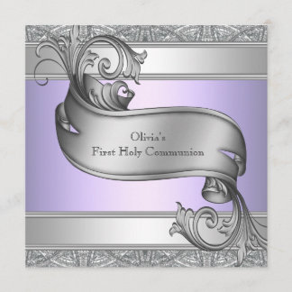 Invitation Première communion fille croix argent violet lavan