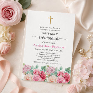 Invitation Première communion fille Croix d'or Roses Floral