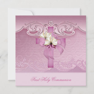 Invitation Première communion fille croix rose