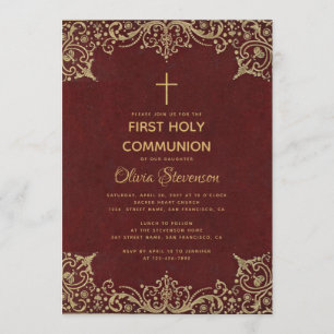 Invitation Première communion fille Élégant Bourgogne Or Vint