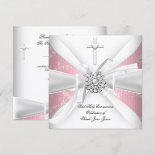 Invitation Première communion fille Fleur rose blanc